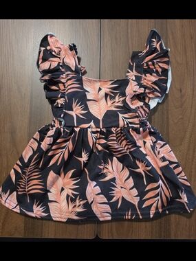 Girls Black & Coral Tropical Flutter Sleeve Top NWOT